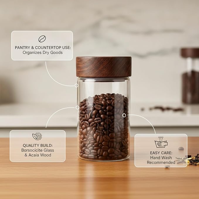 Home Organizers Glass Canister with Acacia Wood Lid, Borosilicate Jar for Coffee Tea Sugar Dry Goods Pantry Storage - Image 5