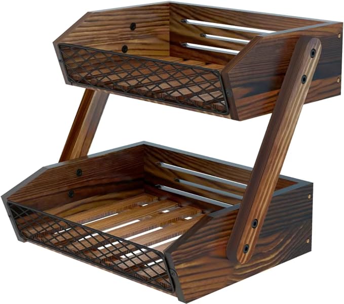 Dorhors Fruit Basket for Kitchen Counter Organizer,Fruit Bowl Stand Storage | 2 tier Rustic Brown Vegetable Holder,Wood Bread Display Rack,Kitchen Countertop Organizer Shelf for Snack,Onion,Banana,Potato by Dorhors