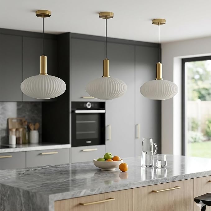 KCO Mid Century Modern Gold 12” Large White Milk Ribbed Glass Pendant Light | E26 Base, Adjustable Height, Lantern Shade Vintage Brass Hanging Light for Sloped Ceiling Kitchen Island Sink Dining Room Bar - Image 6