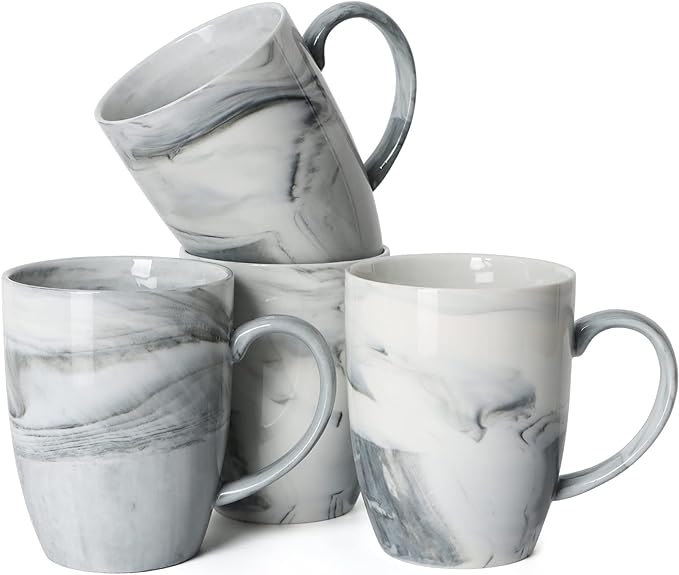 14 OZ Marble Coffee Mugs, M067 Novelty Marble Ceramic Cup for Home and Office, Microwave Dishwasher Safe, Set of 4, Gray by Smilatte