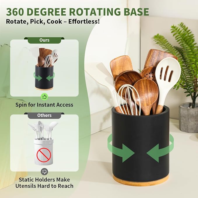 Black Utensil Holder, 360° Rotating 7.3 in Kitchen Organizer | Rustic farmhouse countertop decor. 360° rotating base holds spatulas, ladles, tongs, and cooking tools. Sleek black finish - Image 3