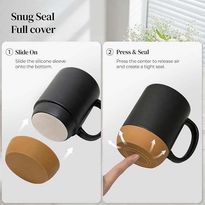 DOWAN Coffee Mugs, 15 oz Upgraded Coffee Mug with Silicone Bottom, Large Ceramic Coffee Mug set of 2 with Spill Proof Lid for Mom Dad, Big Mug for Latte Tea, Matte Grey - Image 4