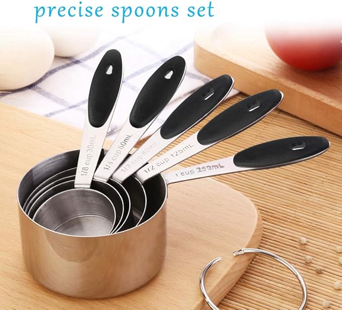 Measuring Cups and Spoons Set, Set of 10 Stainless Steel Measuring Cups and Spoons Stackable with Silicone Handles for Kitchen Cooking Baking