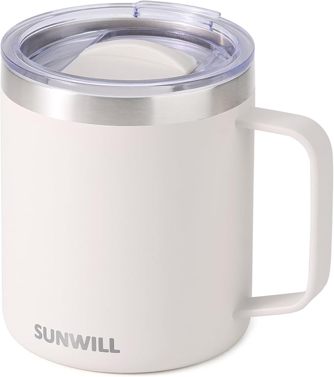SUNWILL Travel Coffee Mug with Lid, Insulated Tumbler with Handle, 14 oz Stainless Steel Cup for Home, Office, Camping, Powder Coated Cream by SUNWILL