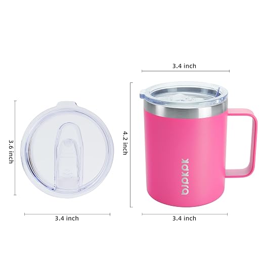 BJPKPK 2 pcs Stainless Steel Insulated Coffee Mug, 14oz, Pink-14oz, Coffee Cup with Lid and Handle, Double Vacuum Insulation, BPA Free | Travel Coffee Mug with Handle, Vacuum Insulated Tumbler Cup for Camping, Office, Home, BPA Free Lid, Hot & Cold - Image 3