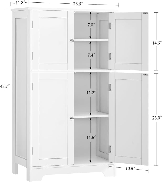 TEENFON Bathroom Floor Storage Cabinet, Freestanding Bathroom Storage Unit with 2 Adjustable Shelves & 4 Doors, White - Image 3