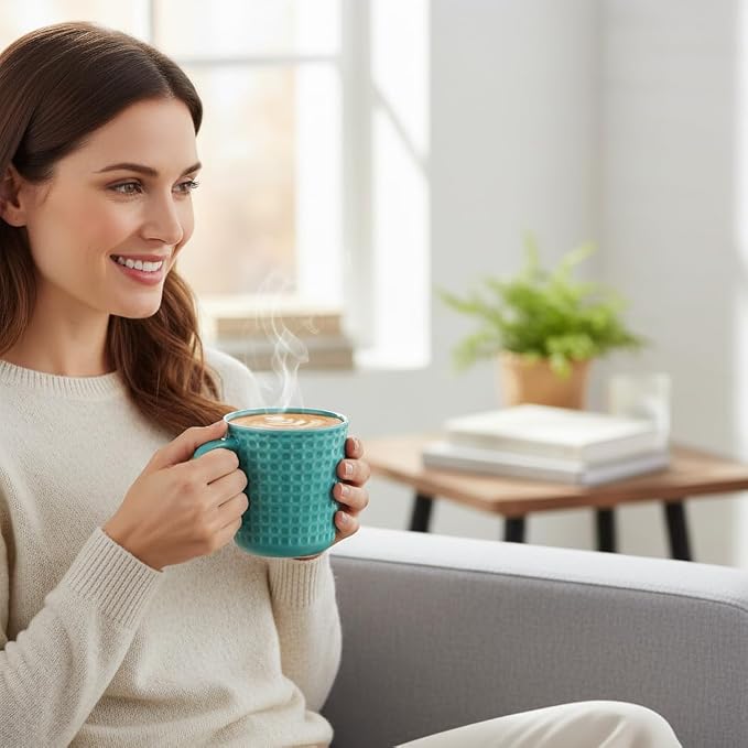 15 oz Ceramic Coffee Mugs Set of 4, Waffle Embossed Coffee Mug, Turquoise | Coffee Cups with Handle for Latte Cappuccino Tea Stoneware Mugs Set Housewarming Wedding Gift, Microwave & Dishwasher Safe - Image 2