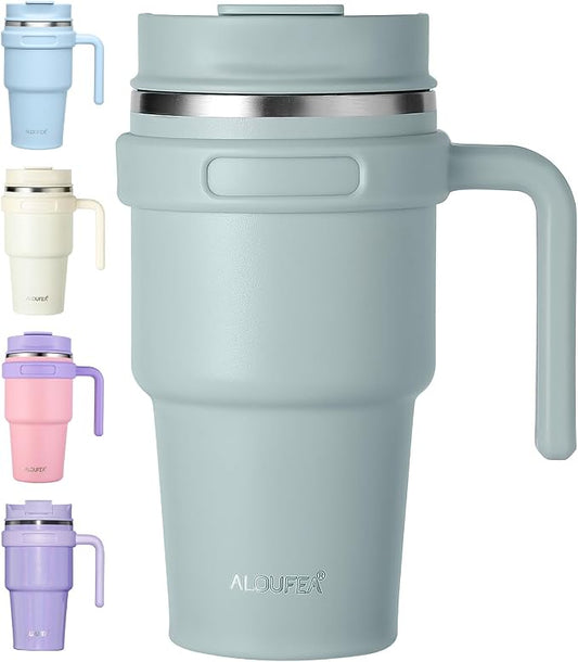 20 oz Insulated Travel Coffee Mug Tumbler with Handle and Straw | Leakproof Stainless Steel Coffee Cup with Lid, Double Wall Vacuum Ice Thermal Cup, Sage by ALOUFEA