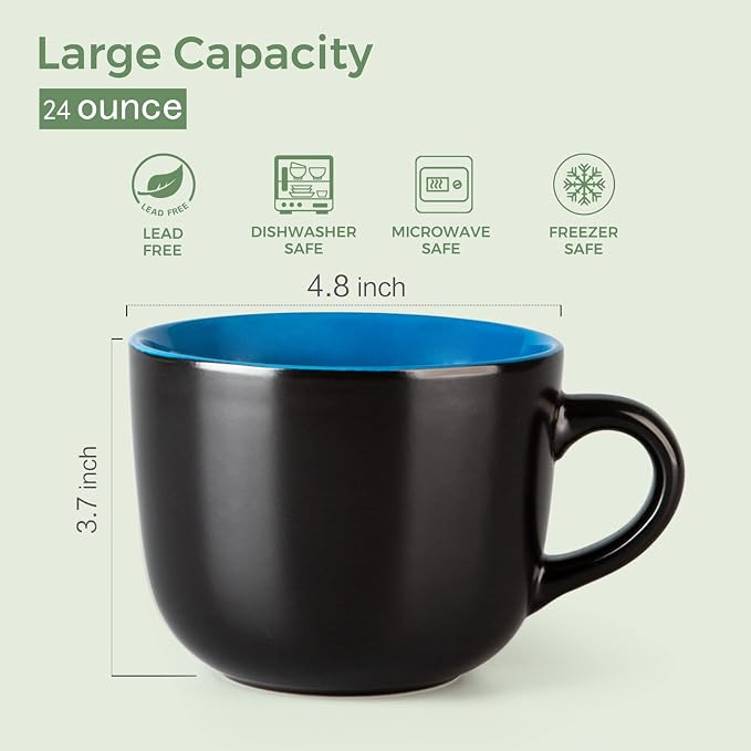 AmorArc 24 oz Soup Mugs with Handles, Jumbo Ceramic Bowls Mugs Set with handles for Coffee Cereal Cappuccino Snacks, Microwave&Dishwasher safe Soup Cups for Meal-Multicolor - Image 3