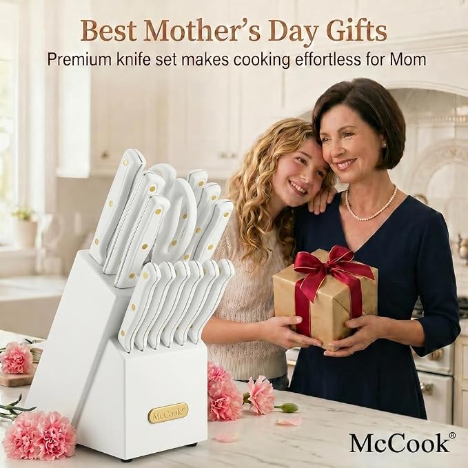 McCook Knife Set White Kitchen Knife Block Set w Built-in Sharpener | German Forged Stainless Steel,26 PC,Razor Sharp,Anti-Rust,Restaurant Grade,Ergonomic Handles,Full Tang,Gift Box - Image 2