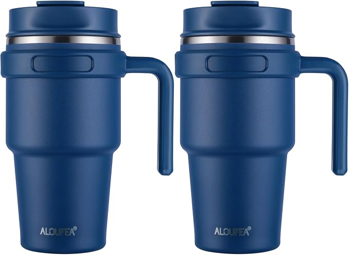 20 oz Insulated Coffee Mug Tumbler with Handle, Stainless Steel Travel Mug Tumbler with Lid and Straw,Double Wall Vacuum Leak Proof Ice Coffee Thermal Cup, Navy by ALOUFEA