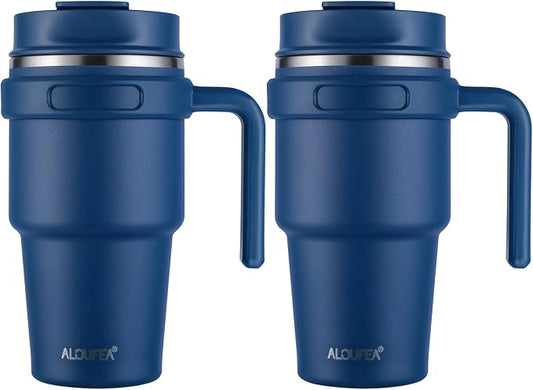 20 oz Insulated Coffee Mug Tumbler with Handle, Stainless Steel Travel Mug Tumbler with Lid and Straw,Double Wall Vacuum Leak Proof Ice Coffee Thermal Cup, Navy by ALOUFEA