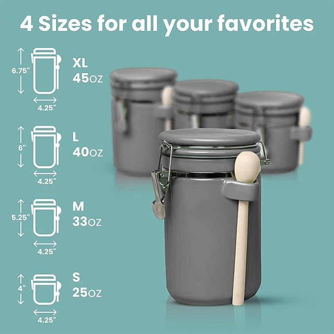 Home Intuition 4-Piece Ceramic Kitchen Canisters Set, Airtight Containers with Wooden Spoons Reusable Chalk Labels and Marker for Sugar, Coffee, Flour, Tea (Grey) - Image 6