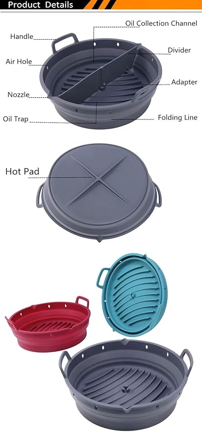 Reusable Silicone Air Fryer Liner –2pcs (Round+Square), Collapsible, Oil-Draining Design, Food-Grade, Non-Stick, Heat Resistant, Dishwasher Safe – Fits 5–8 QT Baskets (pink)