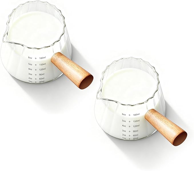 YARRAMATE 2 Pack 6 oz/180ML Glass Measuring Cup with Wooden Handle – Espresso Shot Cups, Ribbed Milk Frothing Pitcher, Dual Scale Markings, V-Shaped Mouth for Easy Pouring