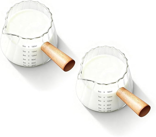 YARRAMATE 2 Pack 6 oz/180ML Glass Measuring Cup with Wooden Handle – Espresso Shot Cups, Ribbed Milk Frothing Pitcher, Dual Scale Markings, V-Shaped Mouth for Easy Pouring