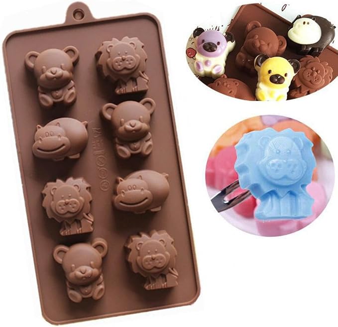 LeLehome Set of 2 Silicone Chocolate Molds, Non-Stick Animal Cake Muffin Candy Baking Mold Bakeware for Ice Cube, Soap, Candle, Jello, Lion, Hippo and Bear