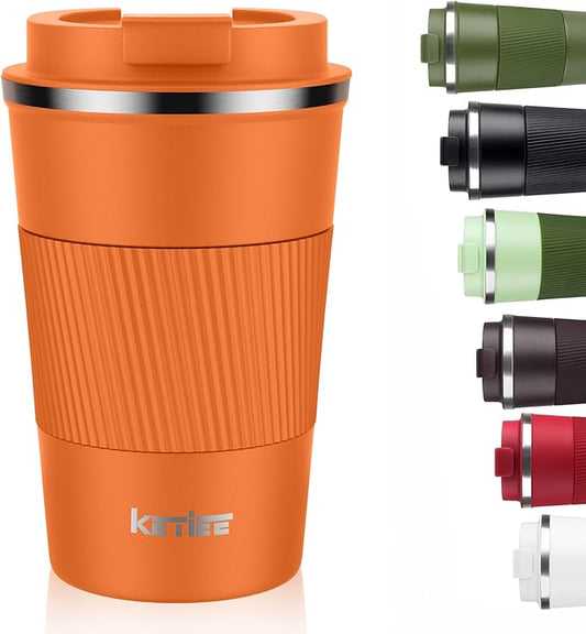 KETIEE 12oz Insulated Travel Mug, Vacuum Stainless Steel Double Walled Reusable Coffee Cup with Leakproof Lid, Travel Tumbler Coffee Mug to Go for Hot and Iced Tea Water (Orange) by KETIEE