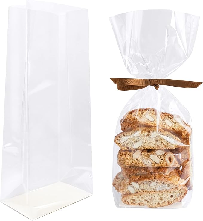 Morepack Gusseted Flat Bottom Cellophane Bags 5x3x12 In 50Pcs | Gusseted Cello Bags with Paper Insert (Bow and Ribbon Not Included) by Morepack
