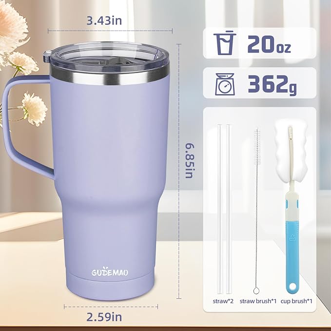 20 oz Insulated Coffee Mug with Ceramic Coating, Stainless Steel Travel Mug Tumbler with Handle Lid and Straw, Double Wall Leak-Proof Coffee Travel Mug Keeps Drink Hot and Cold (Light Purple) - Image 2