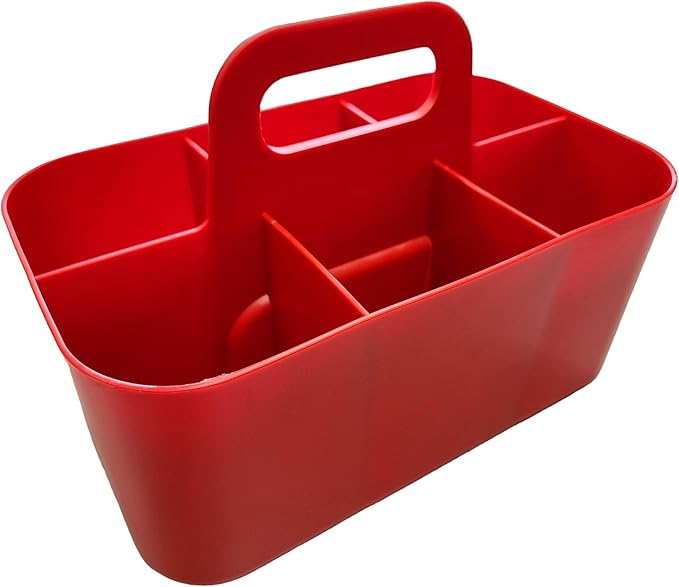2 Pack Small 6 Compartment Multiuse Caddy Organizer with Handle Art Craft Supplies, Office, Desk, Stationery Pen Holder Stackable- Made In USA (Red)