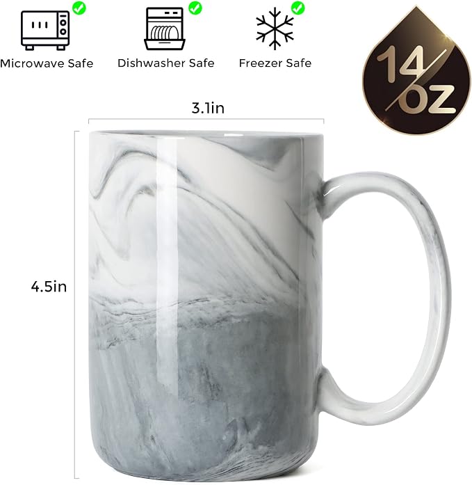 14 OZ Marble Coffee Mugs, M068 Novelty Marble Ceramic Cup for Home and Office, Microwave Dishwasher Safe, Set of 4, Gray - Image 2