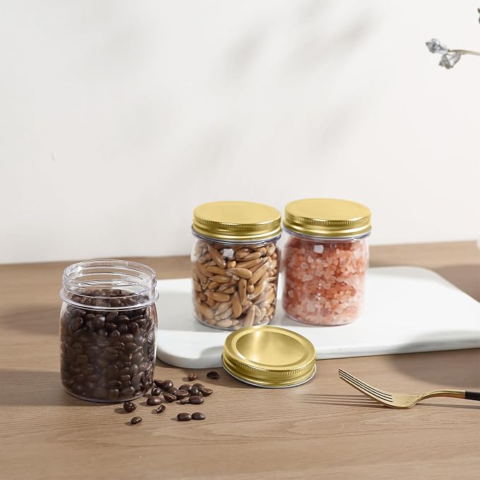 novelinks 8 oz Plastic Mason Jars and Clear Plastic Jars with Lids 8 oz | 24 Pack, Gold, Plastic Containers with Lids, Small Mason Jars, Clear Jars Bulk, Spice Jars, Slime Jars, Mini Jars - Image 6