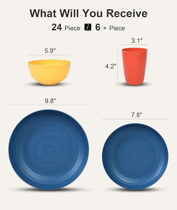 Quatish 24 Piece Plates and Bowls Sets for 6, Unbreakable Dinnerware Sets, Dish Set for Camping, Dishwasher Microwave Safe, Outdoor Kitchen and Apartment Dorm Dinning RV Essentials, Multi - Image 2