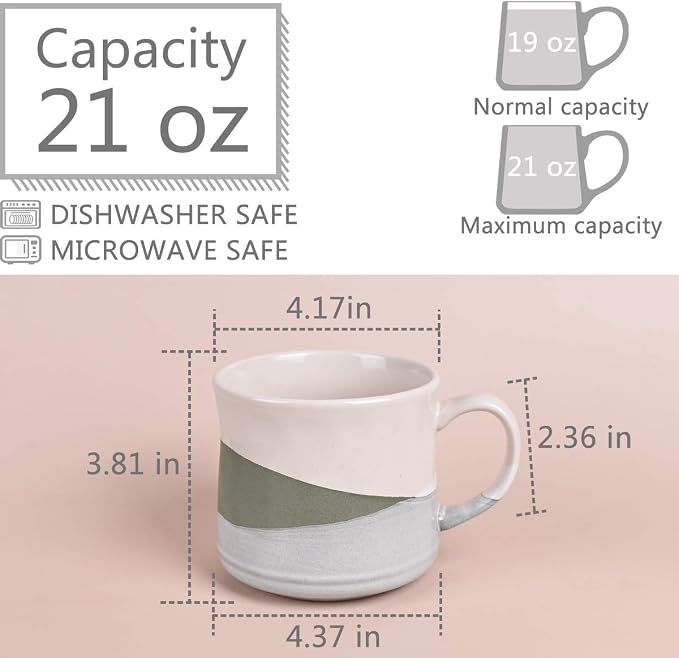 Bosmarlin Large Stoneware Coffee Mug, Big Tea Cup for Office and Home, 21 Oz, Dishwasher and Microwave Safe, 1 PCS (Geometry-Green) - Image 2