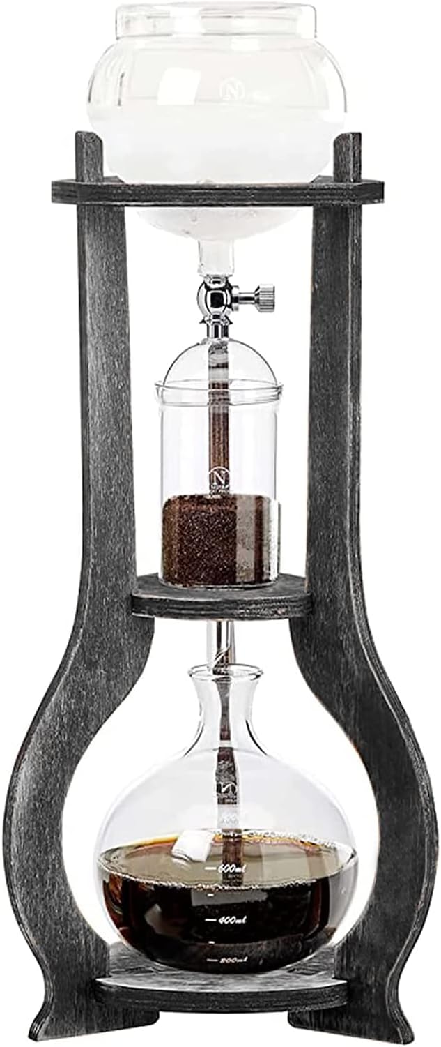 Cold Brew Coffee Maker, 600ml Iced Coffee Drip Tower with Adjustable Copper Valve, 304 Stainless Steel Filter & Glass Pots, Retro Wood Stand, Manual Pour-Over Iced Coffee Maker