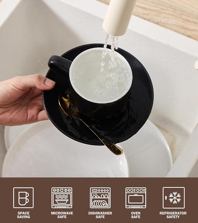Lareina 8 Ounce Porcelain Cappuccino Cups Set of 4, Stackable Coffee Cups with Saucers, Spoons and Metal Stand -for Specialty Coffee Drinks, Cappuccino, Latte, Americano and Tea, Black - Image 6