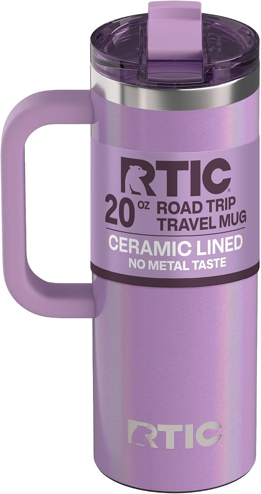 RTIC 20oz Road Trip Travel Mug with Lid and Handle, Ceramic Lined, Insulated, Stainless Steel, Metal, Double Wall Vacuum-Insulation, Portable Coffee, Tea Cup for Hot and Cold Drink, Lavender Glitter by RTIC