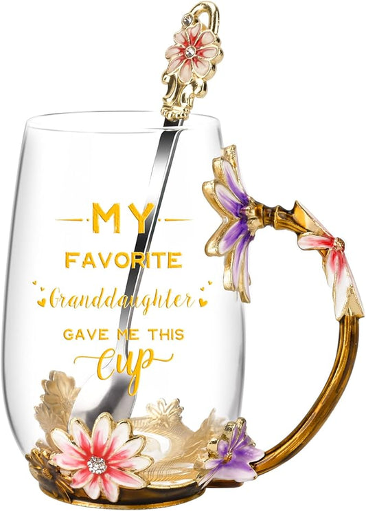 OEAGO Grandma Gifts from Granddaughter Tea Cup Birthday Grandparent Gifts Mothers Day Enamel Flower Glass Mugs from Grandkids Grandchildren by OEAGO