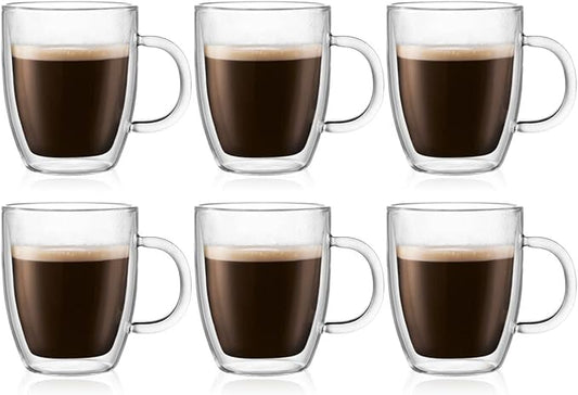 Bodum 10oz Bistro Double Wall Insulated Mug, High-Heat Borosilicate Glass, Set of 6, Clear