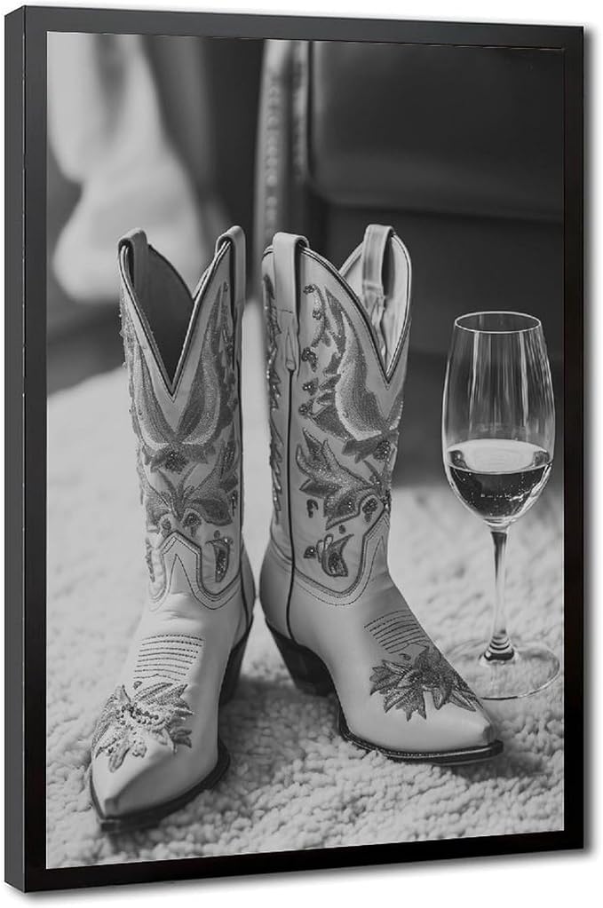 UXCBIA Cowboy Boots And Wine, Black And White, Stylish Vintage Country Poster Canvas Poster Bedroom Decor Sports Landscape Office Room Decor Gift Black Frame 24x36in(60x90cm) by Unknown