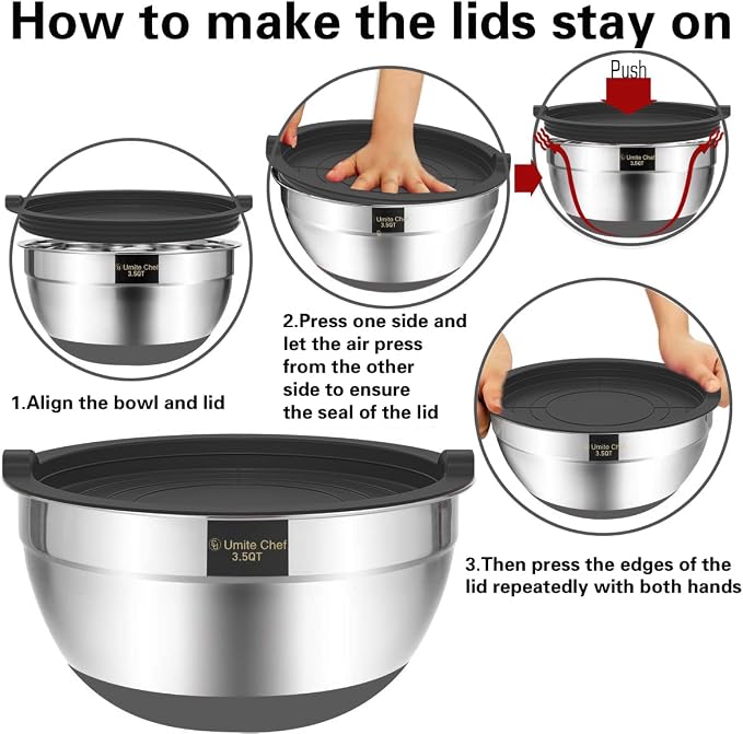 Umite Chef Mixing Bowls with Airtight Lids，6 piece Stainless Steel Metal Nesting Storage Bowls, Non-Slip Bottoms Size 7, 3.5, 2.5, 2.0,1.5, 1QT, Great for Mixing & Serving(Grey) - Image 6