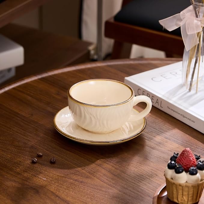 Coffeezone Vintage Design 12 oz Ceramic Latte Art Cappuccino Barista Cup with Saucer (Wave Beige) - Image 2