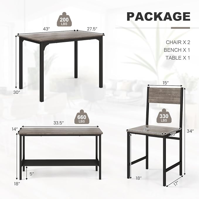 Giantex Dining Table Set for 4, Kitchen Table with Bench and Chairs, Industrial Gathering Bench Dining Set W/Metal Frame & Storage Rack, Dinette Set, Modern Functional Desk Set (Grey) - Image 9