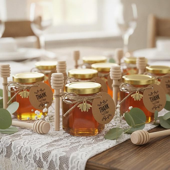 Adabocute Honey Pot 2oz, Mini Glass Honey Jars with Wood Dipper, Gold Lid, Bee Pendants, Beige Gift Bags, Thank-you Tags, Ideal for Baby Showers Favors Wedding Favors, 15 Pack - Image 6