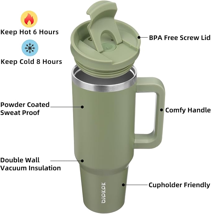 BJPKPK 40 oz Insulated Tumbler with Handle & Straw, Stainless Steel | Double Wall Vacuum Insulation, Leak Proof, BPA Free, Dishwasher Safe, Cupholder Friendly, Travel & Outdoor, Sage - Image 2