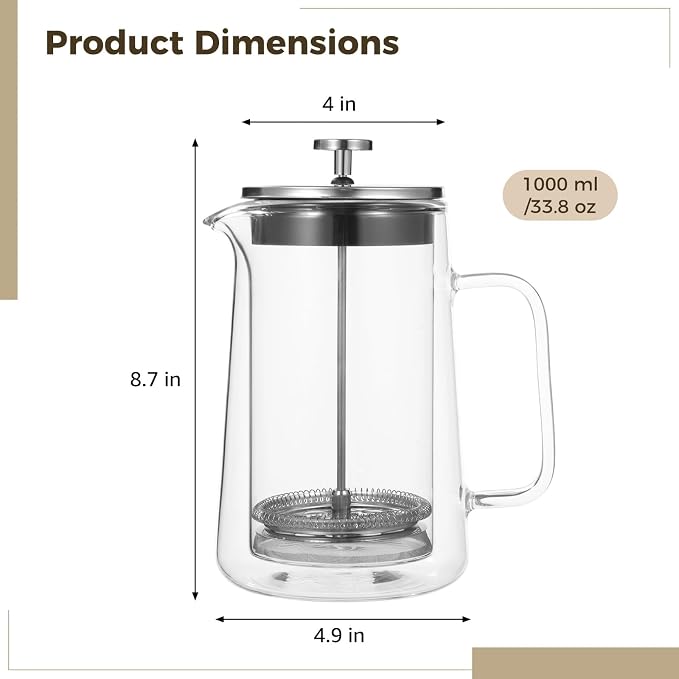 Press Coffee Maker, 1000 ml 33.8 oz Double Wall Insulated Tea Maker, High Borosilicate Glass, Fine Mesh Filter, Ergonomic Handle, Heat Safe, V Shaped Spout, For Hot and Cold Beverages - Image 6