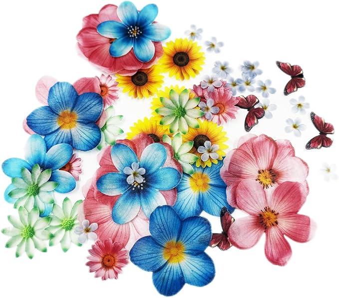 Set of 55 Edible Flowers & Butterflies Cupcake Toppers Wedding Cake Party Food Decoration Mixed Size & Colour for Anniversary (Flower Butterfly) - Image 3