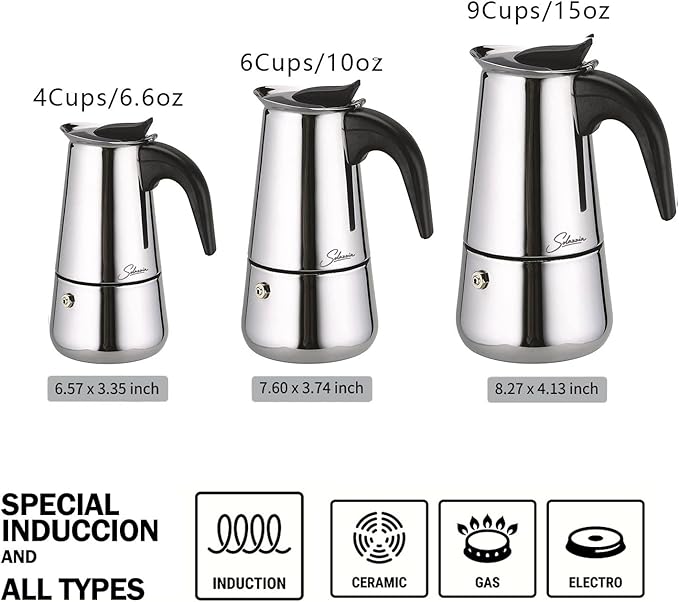 Espresso Maker 6 Cup Moka Pot Stainless Steel Percolator coffee pot, Compatible with Gas, Electric, Ceramic, and Induction stovetops(10 fl oz/300 ml)