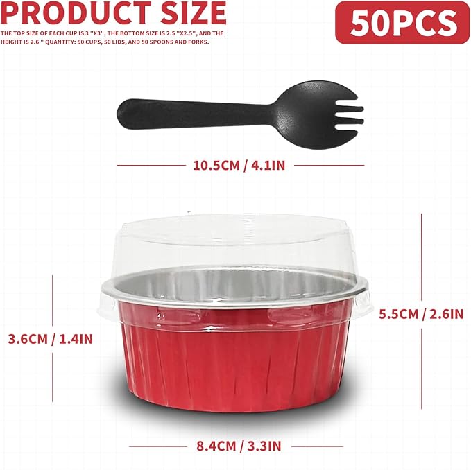 Valentine's Day 50Pcs Mini Aluminum Foil Cupcake,5oz Baking Cups with Lid | Red Disposable Ramekins for Christmas,Mini Cake Pans,Loaf Pan with Lids,Tin Cups Containers for Cupcake,Pudding,Cheesecake - Image 2