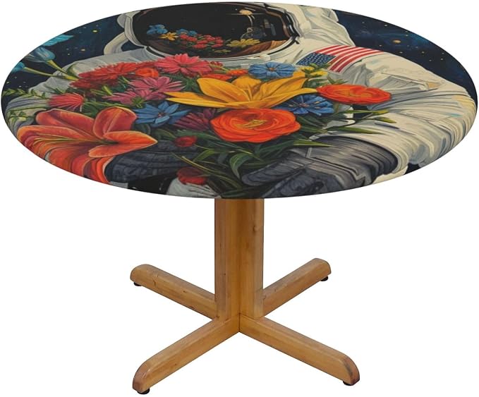 Astronaut with Flowers in Space Round Tablecloth Fitted Table Cover The Flower Seller Washable Tablecloths for Kitchen Dining Party 40-44 Inch by Vendhui