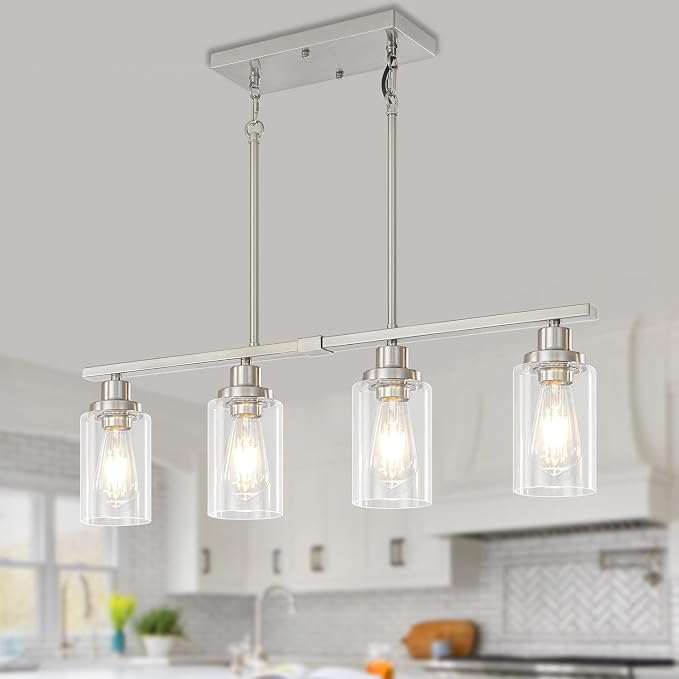 Brushed Nickel Linear Chandelier Over Table, Dining Room Light Fixtures | 4-Light Kitchen Island Lighting, 30'' Modern Island Lights for Kitchen with Clear Glass Shade, Adjustable Height by YUEMZSChandelierforLiving