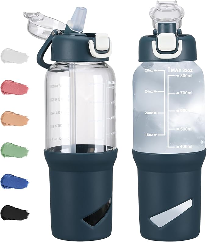 SIEROZUR 32 oz Glass Tumbler with Straw, Glass Water Bottles with 2 Lids-Handle Spout Lid & Straw Lid, 1 Liter Motivational Water Bottles, Silicone Sleeve, Fits Car Cup Holder,Dark Blue