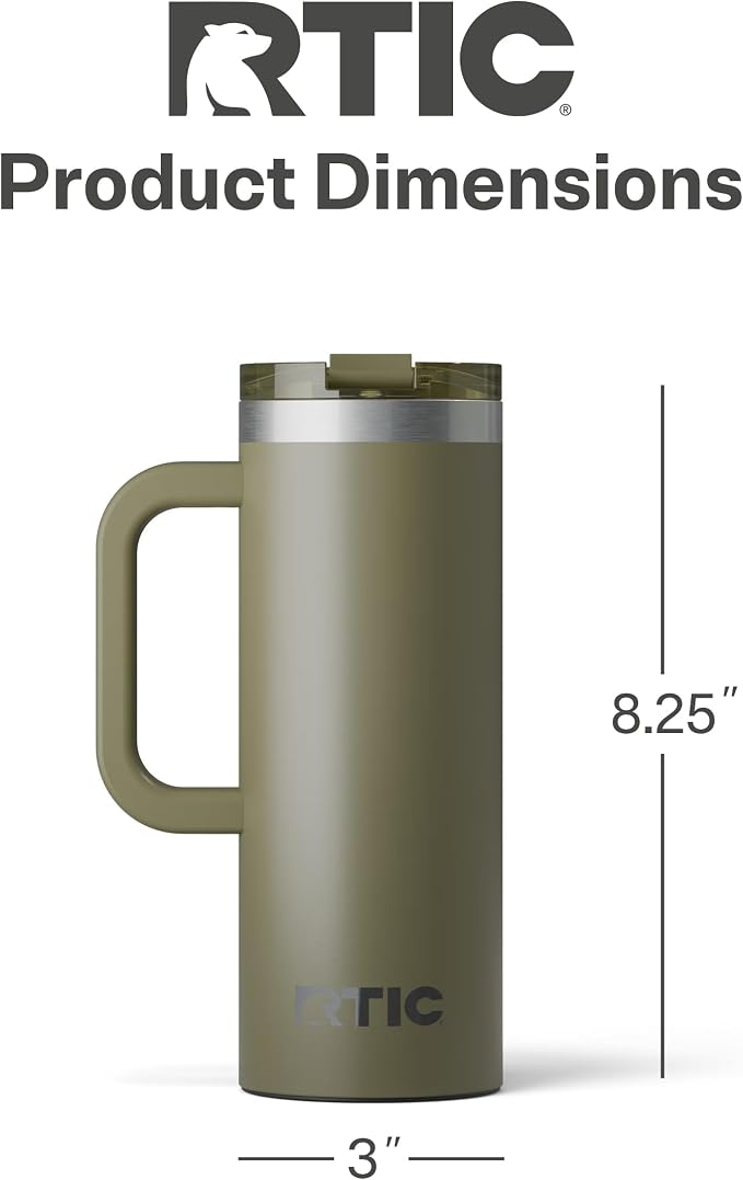 RTIC 20oz Road Trip Travel Mug with Lid and Handle, Ceramic Lined, Insulated, Stainless Steel, Metal, Double Wall Vacuum-Insulation, Portable Coffee, Tea Cup for Hot and Cold Drink, Olive - Image 4