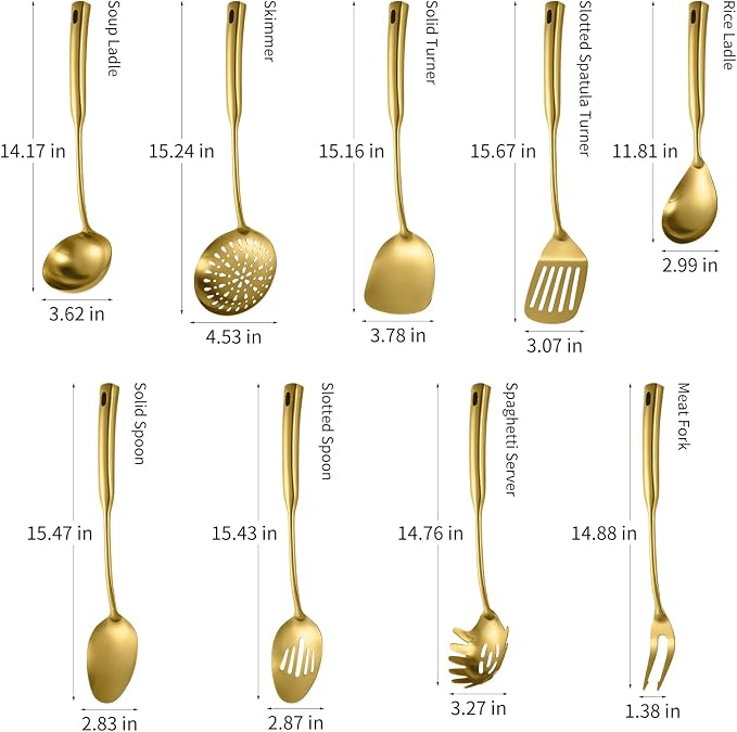 304 Stainless Steel Kitchen Cooking Utensils Set - 9 PCS Serving Utensils, Include Skimmer, Soup Ladle, Spaghetti Server, Wok Spatula, Slotted & Solid Spoon, Slotted Spatula Turner, Meat Fork (Gold） - Image 3