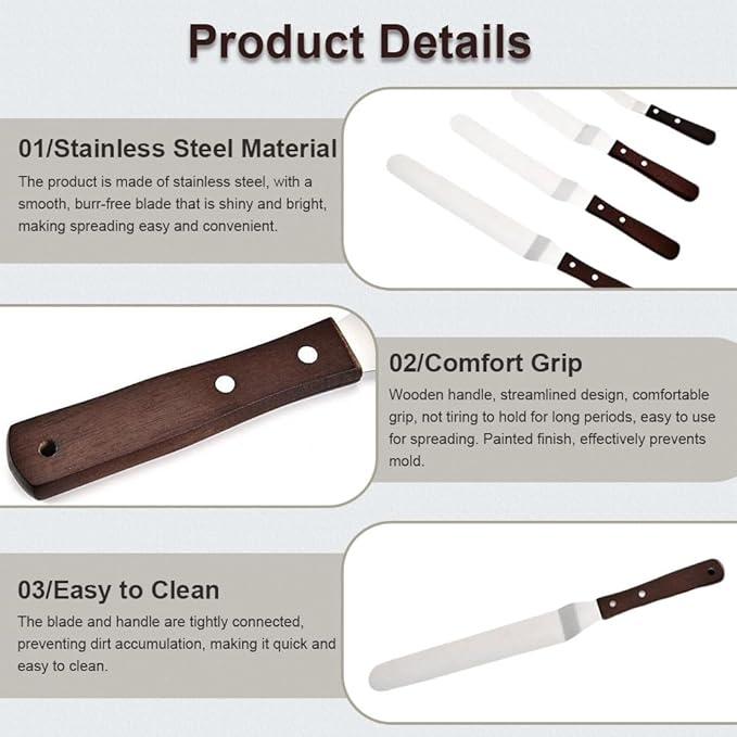 Offset Cake Icing Spatula Set of 4- Professional Stainless Steel Cake Decorating Spatulas, 4"-6"-8"-10" Flexible Resistant Blade with Wooden Handle